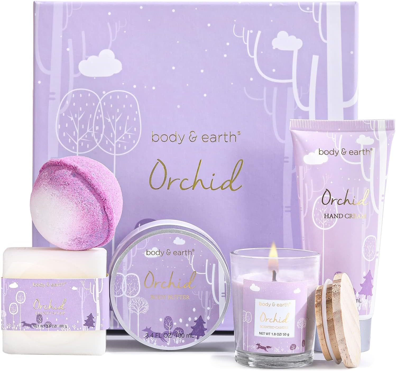 BODY & EARTH Luxury Gifts for Women, 5 Pcs Orchid Bath Spa Gift Set Includes Scented Candle, Body Butter, Hand Cream, Gifts for Pregnant Women, Birthday Gift Sets for her, Mothers Day Gifts