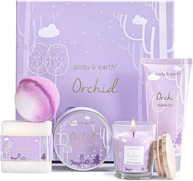 BODY & EARTH Zestawy prezentów urodzinowych dla niej, 5 szt. Orchidea Bath Spa zestaw upominkowy zawiera masło do ciała, świecę zapachową, krem do rąk, prezent na Dzień Matki, prezenty dla kobiet w