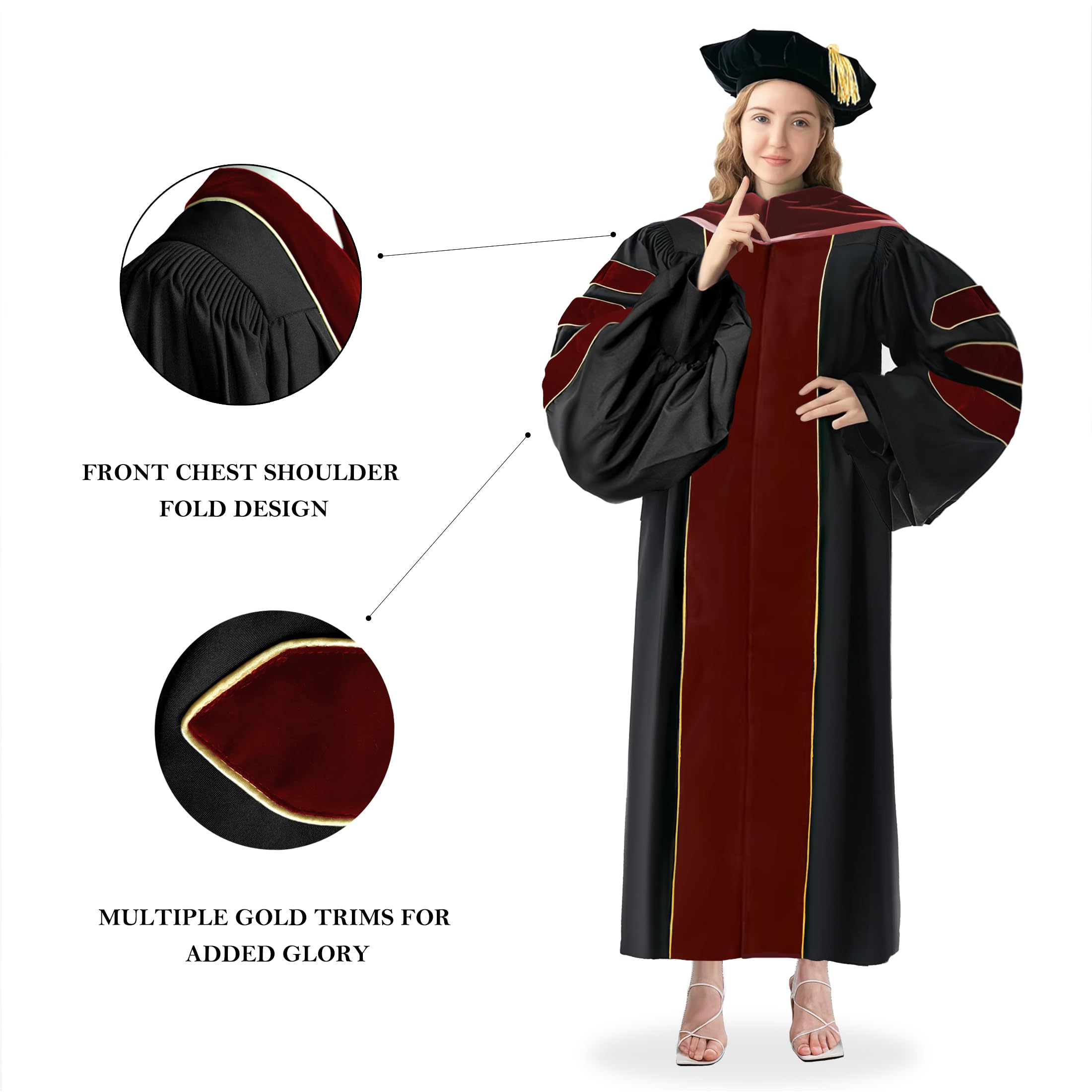 Happy Secret Unisex Deluxe Graduation Gown with Gold Piping - Doctoral Hood and Tam - 8 Sided Package