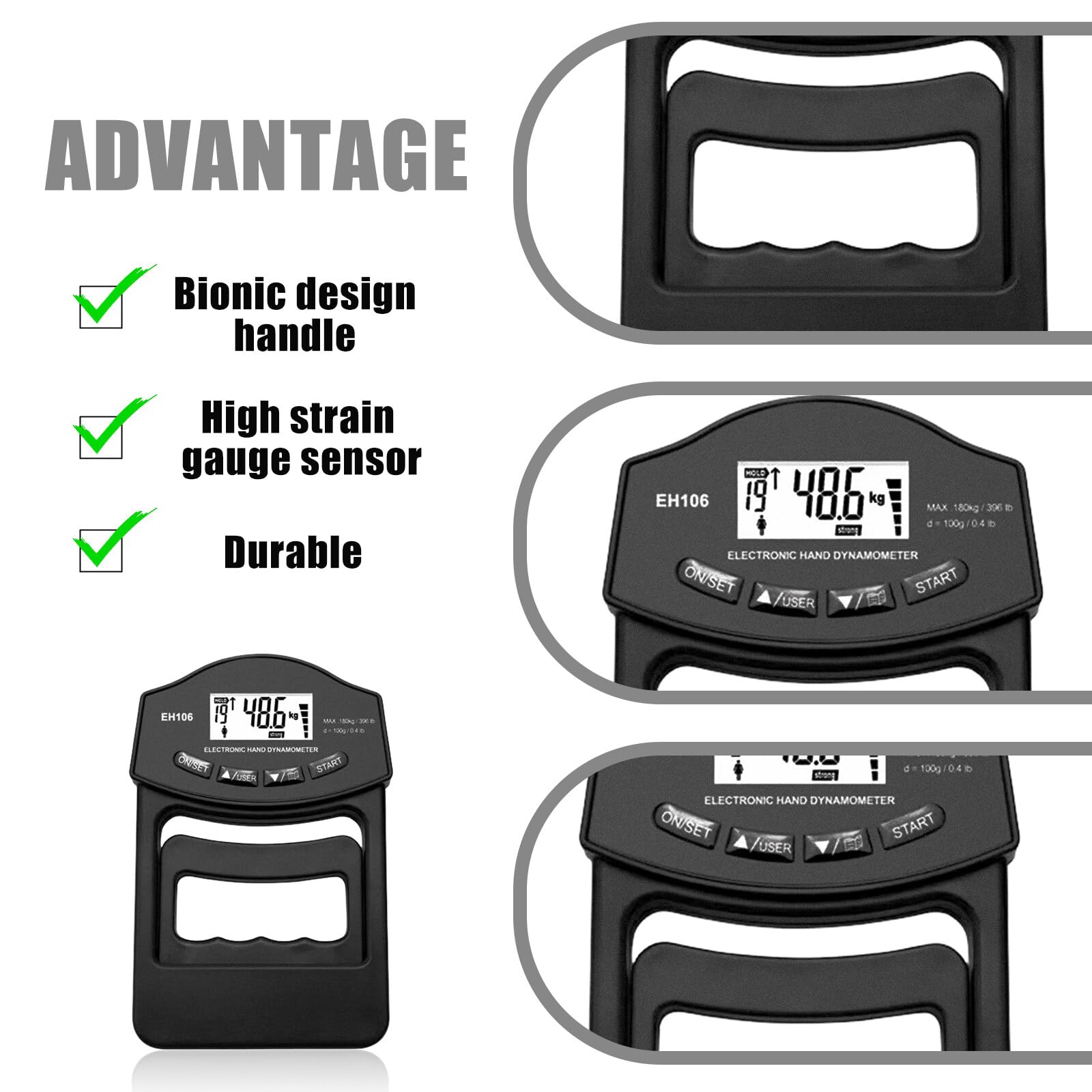 Powermètre numérique portatif, 180 kg, dynamomètre manuel, appareil de mesure de la force de préhension électronique, grand écran LED avec câble de charge USB, intelligent et sensible