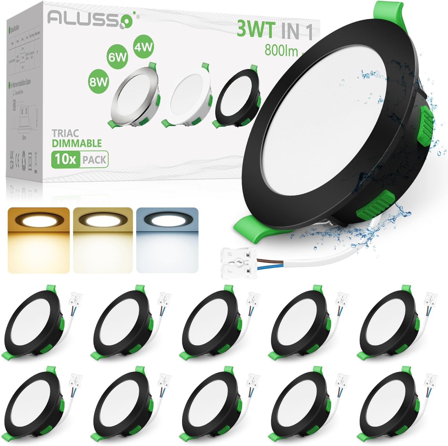 Black LED Downlights Dimmable 4W 6W 8W Selectable Slim Recessed Ceiling Lights, 3CCT 3000K Warm 4000K Neutral 6500K Cool Adjustable IP44 Spot Lights for Bathroom Kitchen, 10 Pack