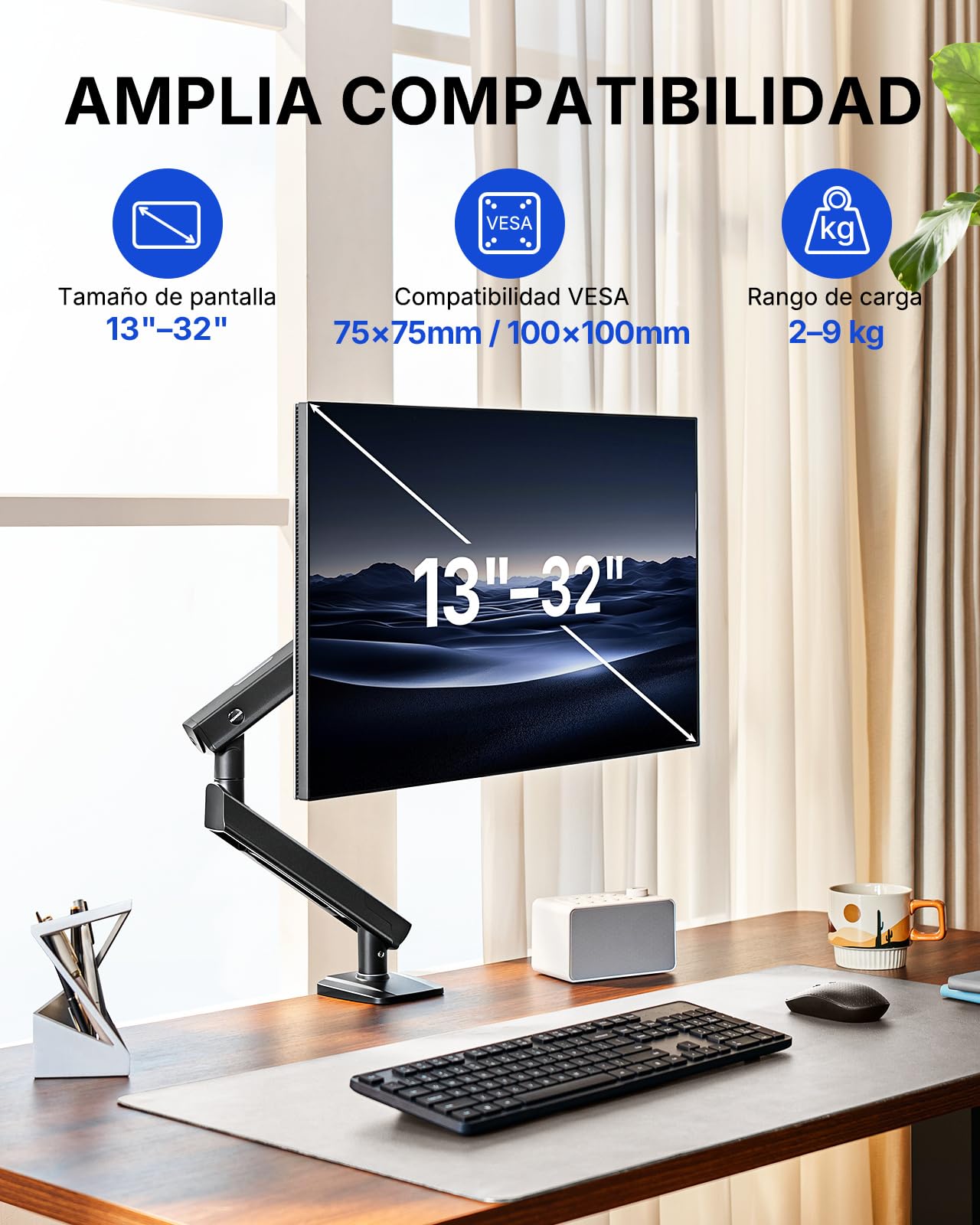 HUANUO Soporte Monitor para Pantallas de 13 a 32", Brazo Monitor MechaSpring con Inclinación/Giro/Rotación, FlowLift Pro Montaje VESA sin Herramientas, Montaje por Mordaza-C u Ojal, Carga Máx. 9 KG