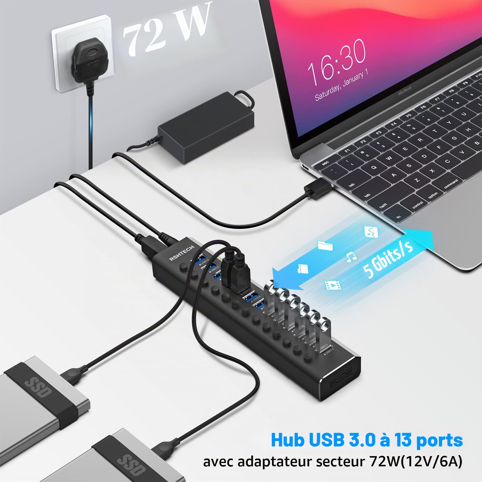 RSHTECH Hub USB Alimenté à 13 Ports, Aluminium Hub USB 3.0, RSH-A13-5