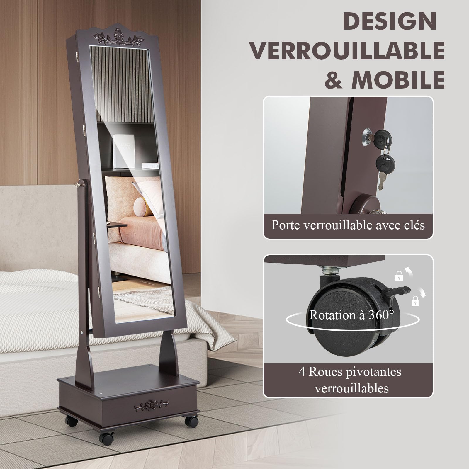 GOPLUS Armoire à Bijoux à Roulettes, Armoire a Bijoux avec Miroir sur Pied avec Lumières LED, 3 Angles Réglables, Organisateur de Bijoux Verrouillable avec Grand Espace de Rangement (Marron)