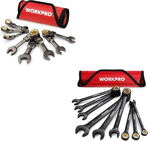 WORKPRO Juego de llaves de trinquete antideslizantes de 9 piezas y 8 piezas de llaves combinadas de trinquete de cabeza flexible SAE