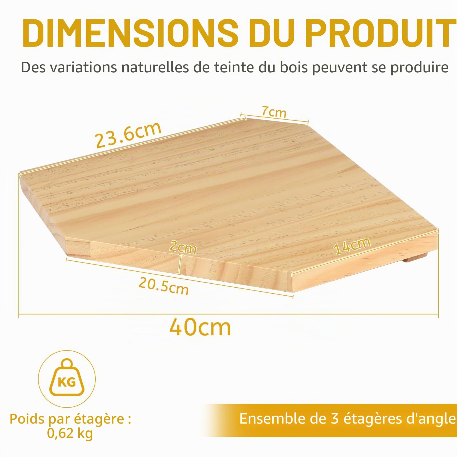 lalago 3 Pièces Étagère d'angle Suspendue 28,5cm, Étagère d'angle en Massif Couleur Bois Naturel, Extrémités Rondes Murale Bois pour Salle de Bain, Cuisine, Chambre à Coucher, Salon