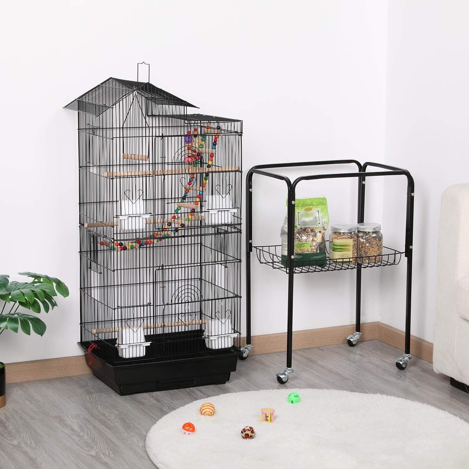 Yaheetech Jaula para Pájaros Jaula con Soporte Ruedas para Canarios Jaula Mascota 46 x 35 x 158,5 cm