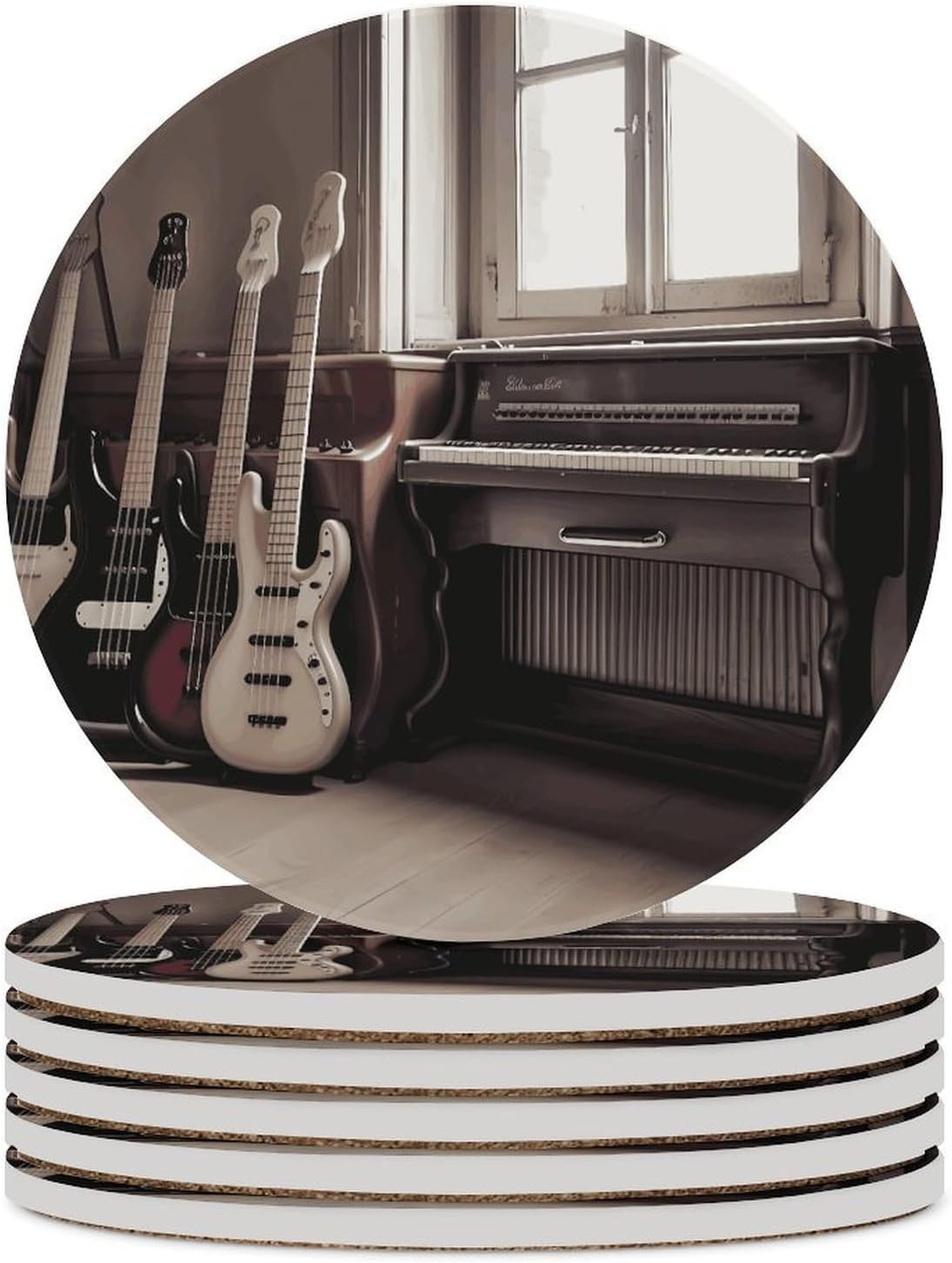 Guitar Bass Music Musical Instruments Coaster with Cork Base Drink Coasters for Coffee Table Decor Modern Cup Coasters with Non-Slip & Heat-Resistant Cute Ceramic Table Coaster for Home Dining