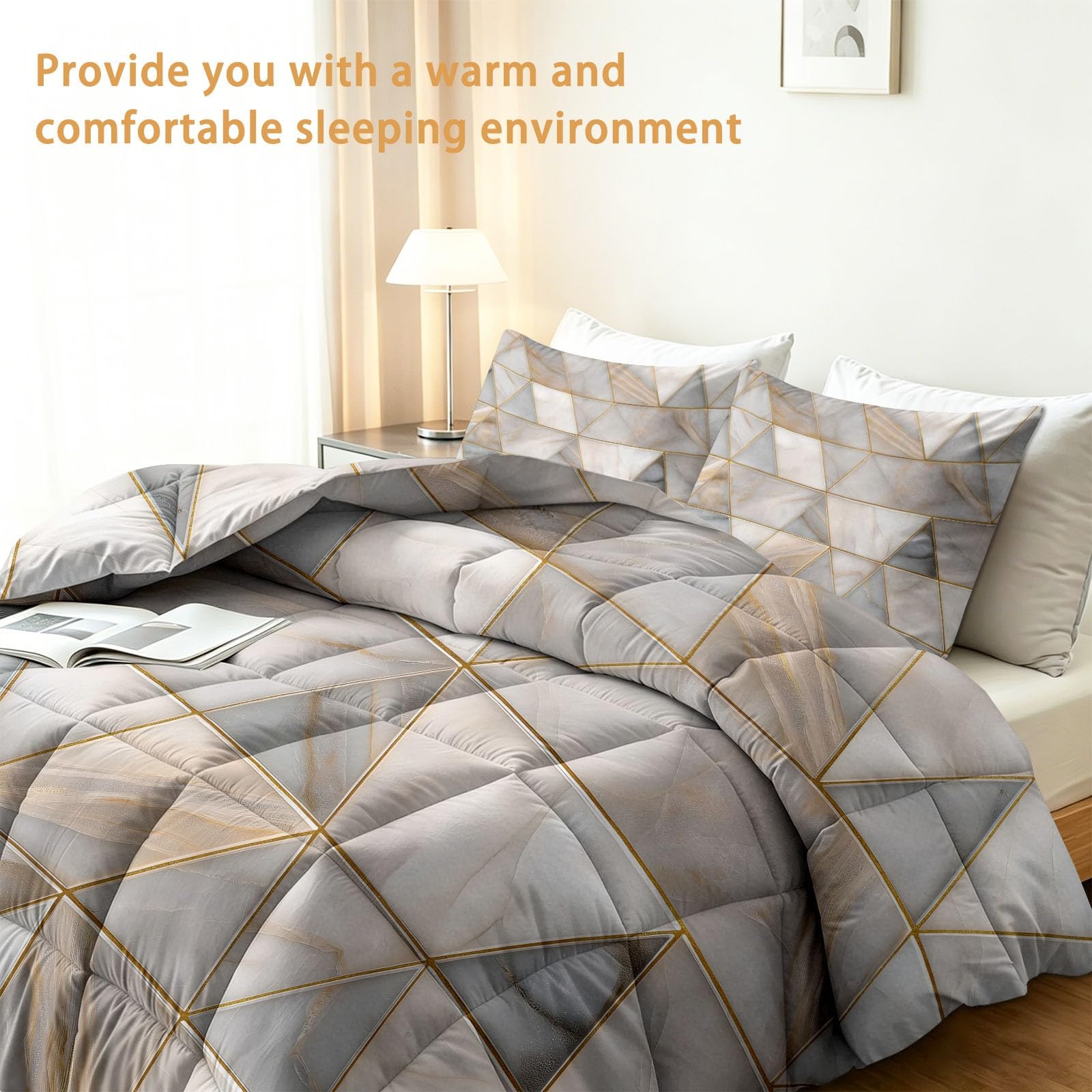 Copripiumino singolo senza copripiumino, design moderno e lussuoso, motivo geometrico a triangolo, reversibile, con federa abbinata, lavabile in lavatrice e ipoallergenico, grigio oro, 135 x 200 cm