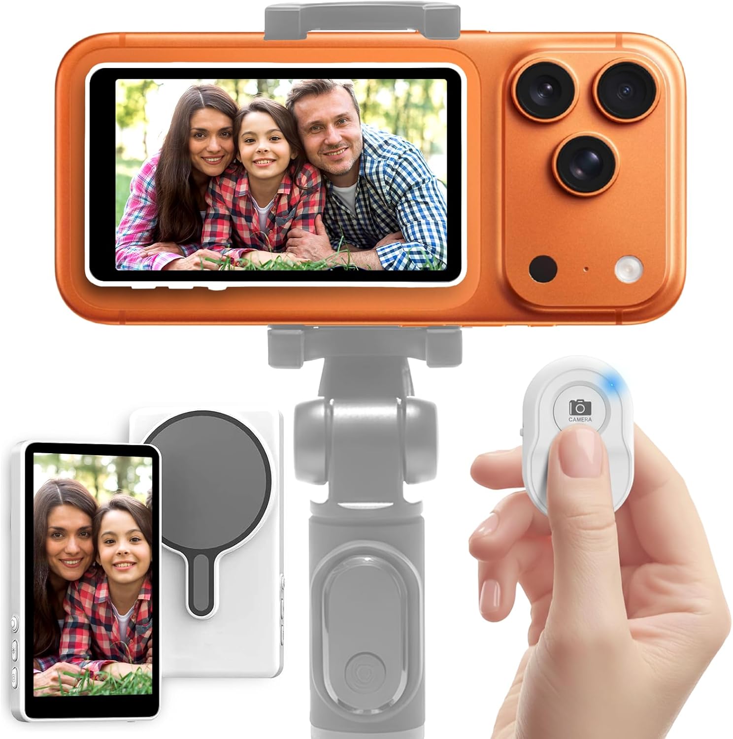 Wireless Selfie Monitor Screen for iPhone & Android, 1800mAh Magnetic Phone Vlog Screen with Bluetooth Remote, 3-Level Soft Light, Long Range Wireless Mirroring for Live Streaming