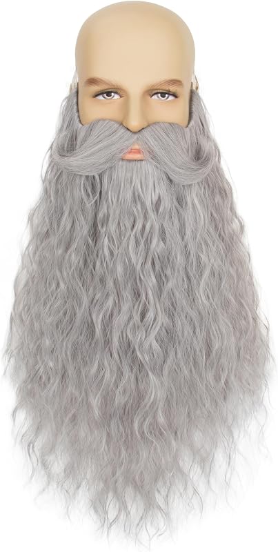 Yan Dream Long Curly Wizard Beard Men Full Fake Beard and Handlebar Mustache Cosplay Costume Facial Hair