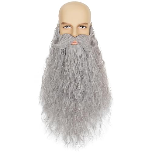 Yan Dream Long Curly Wizard Beard Men Full Fake Beard and Handlebar Mustache Cosplay Costume Facial Hair - Gray