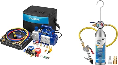 VIVOHOME Bomba de vacío HVAC de una etapa de 110 V 13 HP 4.5CFM y kit de manómetro de CA de 4 vías con kit de descarga de CA con pistola de lavado