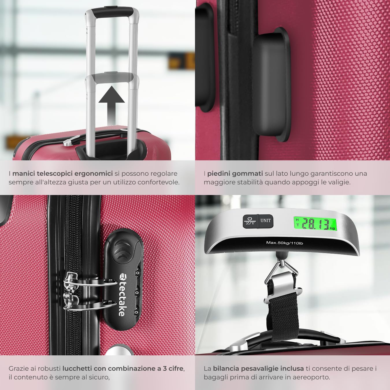 tectake® Set 3 Valigie, Rotelle Girevoli, Trolley Rigidi in ABS, Maniglie Telescopiche, Lucchetti a Combinazione, Set Viaggio con Bilancia ed Etichette per Bagagli - Rosso Vino