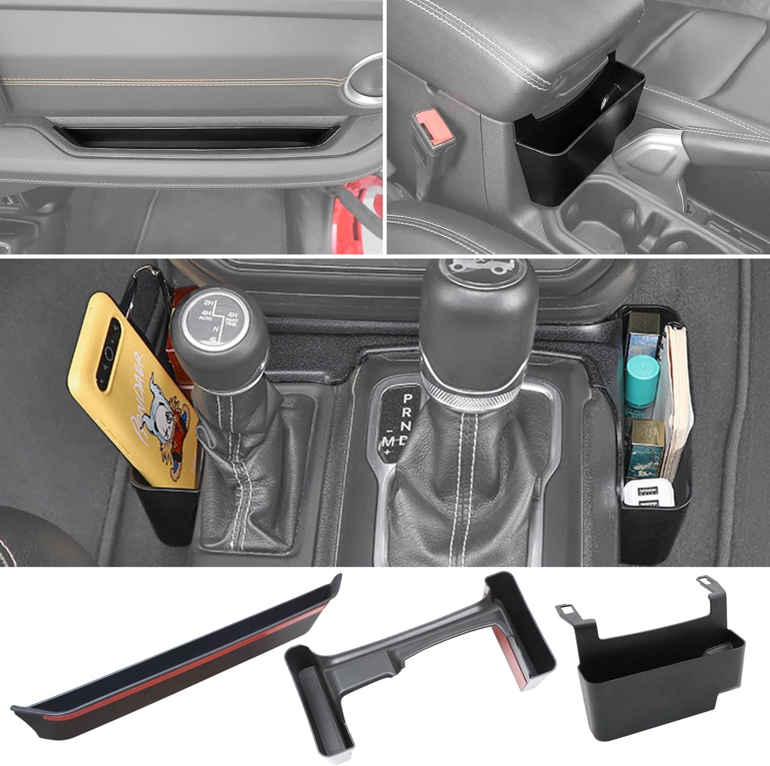 YOCTM for Jeep Wrangler JL JT Interior Organizer 3-Pack Passenger Grab Tray Shifter Side Tray Armrest Storage Box Fit 2024 2025 2026 Jeep Wrangler JL JLU & Gladiator JT Black Interior Accessories