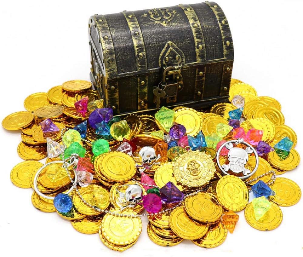Kids Pirate Treasure Chest Toy Box Antique Color with Lock for Party Favors Props Decoration/Kids Storage Treasure Chest with (100 Plastic Gold Coins+100g Gems+2Earrings+2Rings+1Necklace)