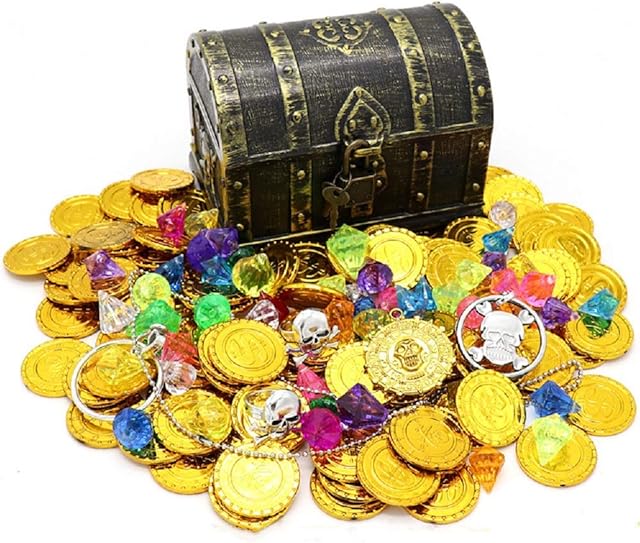 Kids Pirate Treasure Chest Toy Box Antique Color With lock for Party Favors Props Decoration/Kids Storage Treasure Chest with (100 Plastic Gold Coins+100g Gems+2Earrings+2Rings+1Necklace)