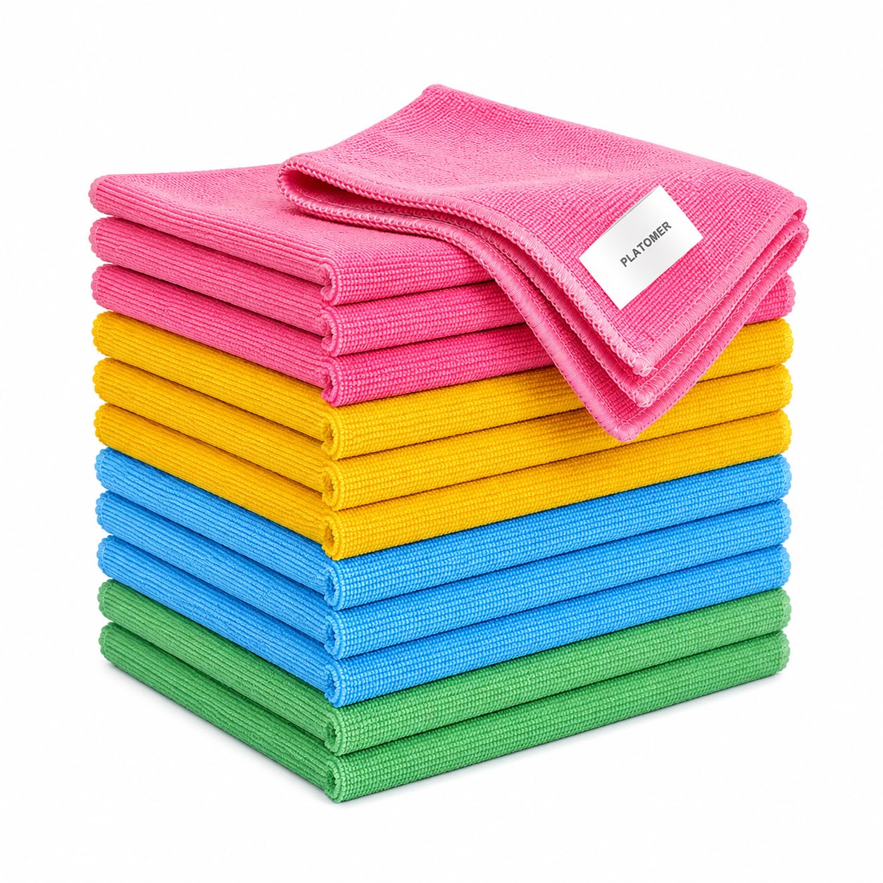 PLATOMER Microfibre Cleaning Cloths 40 x 40 cm (Pack of 12), Premium 320 GSM Lint Free Cleaning Cloths, Reusable Non Scratch Microfiber Towels for Glass, Car, Kitchen, Bathroom & Home Cleaning.