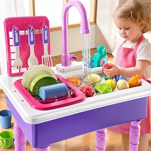 Vista 5 de Fregadero de juegos con agua corriente, fregadero de juguetes de cocina para niños de 3, 4, 5, 6, 7 años, lavavajillas eléctrico, juego de Fregadero
