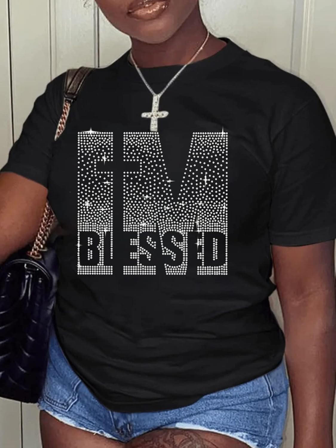 Women's Blessed Rhinestone Graphic Funny Cute Tops Letter Print Casual Loose Summer T-Shirt - Image 2