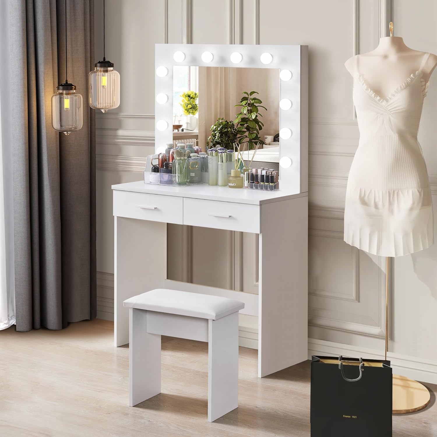 White Dressing Table with LED Mirror and Stool, Adjustable Brightness, Compact Small Vanity Desk With 2 Drawers, Space Saving Makeup Desk For Bedroom Girls Women