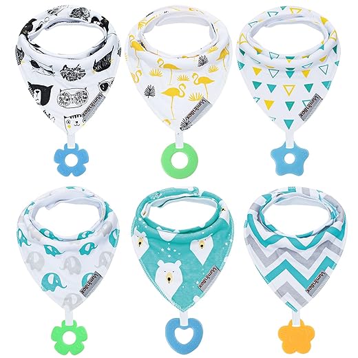 vuminbox Baby Bandana Drool Bibs 6-Pack and Teething Toys 6-Pack Made with 100% Organic Cotton, Absorbent and Soft Unisex (6-Pack Unisex)