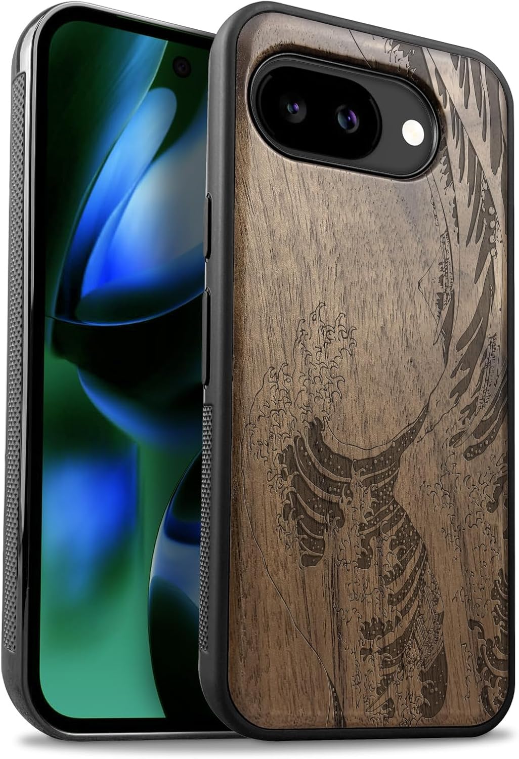 Carveit Magnetic Wooden Case for Google Pixel 10a Case, Wood Artisan Engraved & Soft TPU Shockproof Cover, Compatible with MagSafe Wireless Chargers (The Compass and The Wave) Walnut