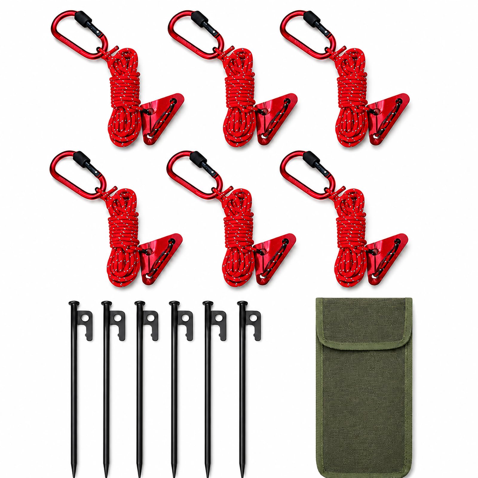 Camping Guyline Kit with Carabiner, 6 x 4m Reflective Tent Guy Ropes, 6 x 30cm Metal Tent Pegs, Rope Tensioners and Carry Pouch for Tents, Tarps, Canopies, Awnings and Shelters，Red
