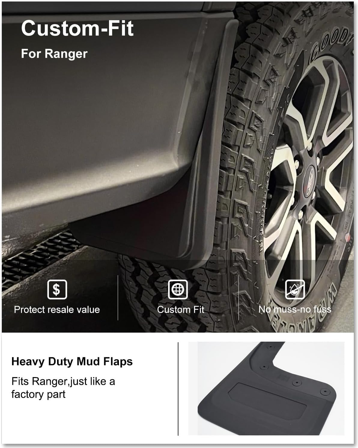 Kiwi Master Mud Flaps for 2024-2026 Ford Ranger (Not Fits Raptor), OEM Replacement # R1WZ-16A550-AA R1WZ-16A550-BA, Heavy Duty Mud Guards, Front & Rear Splash Guards, No Drill, 4 Pcs Set
