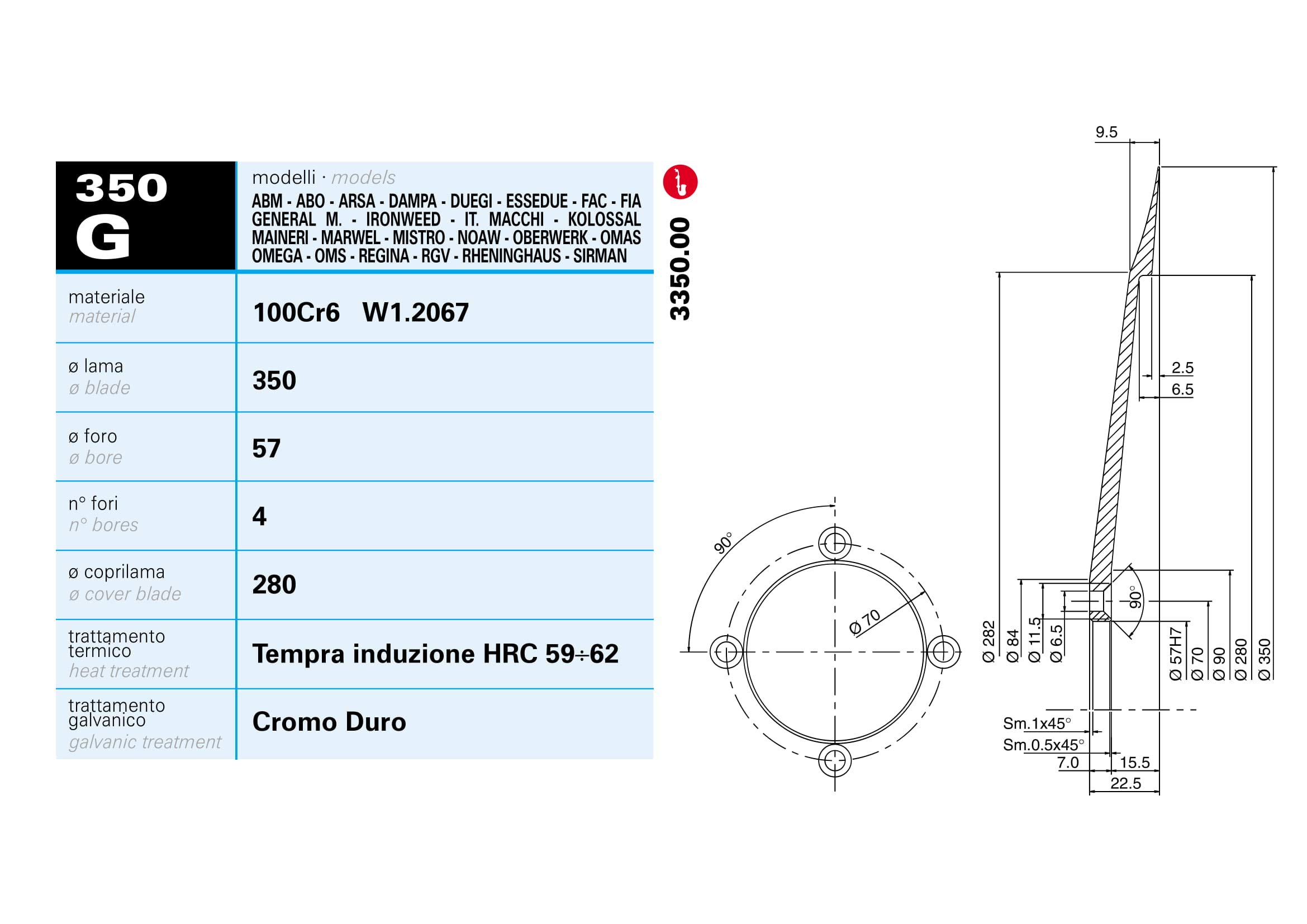 Lama RASSPE affettatrice 350mm - foro centrale 57mm - 4 fori fissaggio - diametro incavo coprilama 280mm Materiale 100Cr6 con fori estrazione