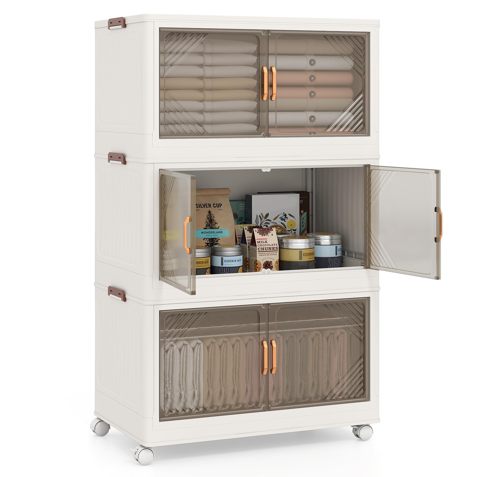 GOPLUS Caja de Almacenamiento Plegable con Tapa 159/212/265 L, Organizador Apilable con 4 Ruedas Universales y Puertas Transparentes, Armario de PP para Almacenaje y Exhibición (3 cajas / 213L)