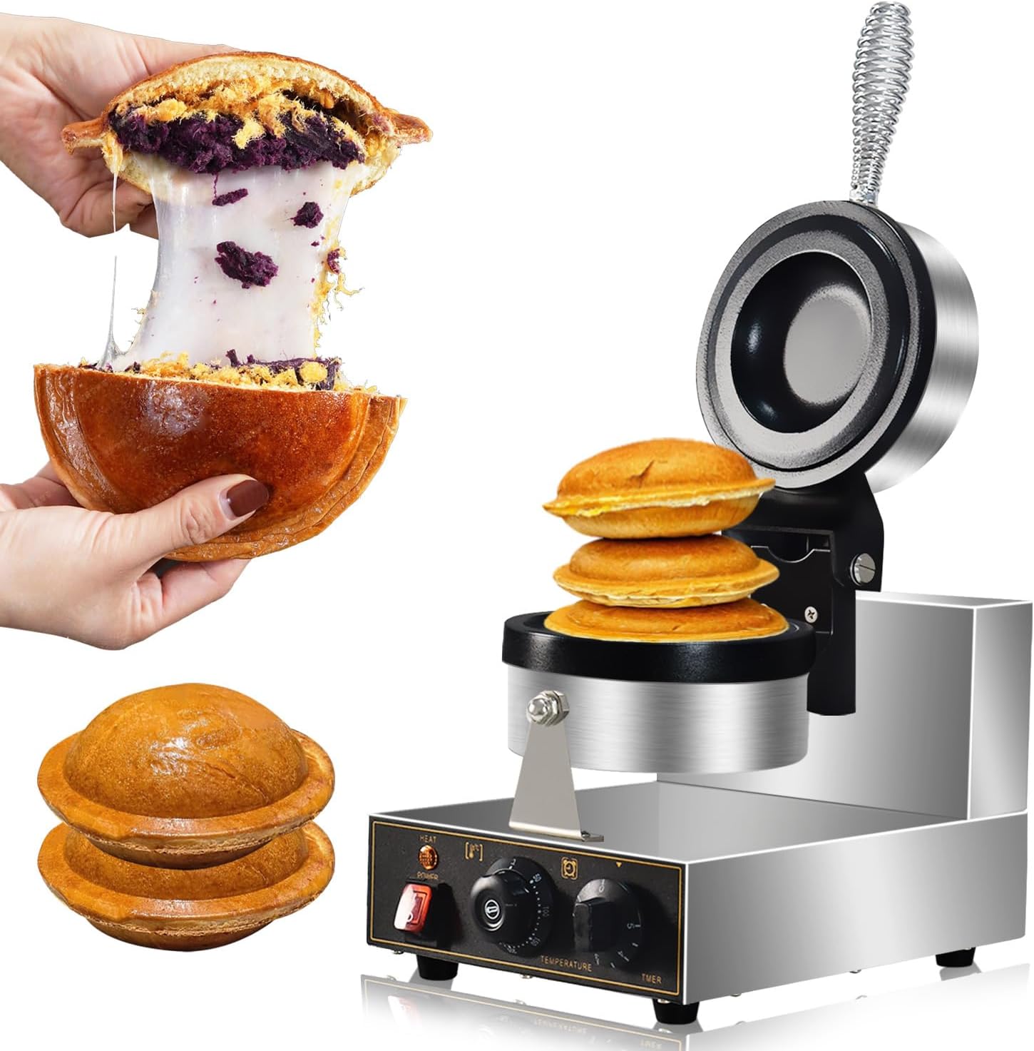 1300W Ice Cream UFO Burger Maker, Burger Waffle Maker, Hamburger sandwich machine Non-stick Panini press waffle machine, Non stick pan coating, stainless steel body, with temp and timer control.
