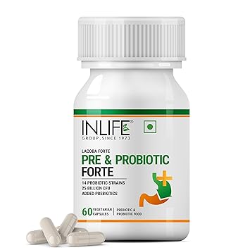 INLIFE Prebiotic and Probiotics Forte Supplement for Men & Women 25 billion CFU with 14 Strains | Digestion Gut & Immunity Health Supplement - (pack Of 1) 60 Vegetarian Capsules - image, photos