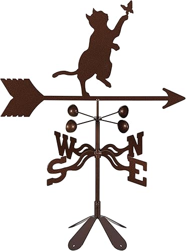 EZ Vane - Veleta de gato y mariposa, montaje en 4 lados, vasos de viento, acabado de cobre antiguo, acero con revestimiento de triple polvo