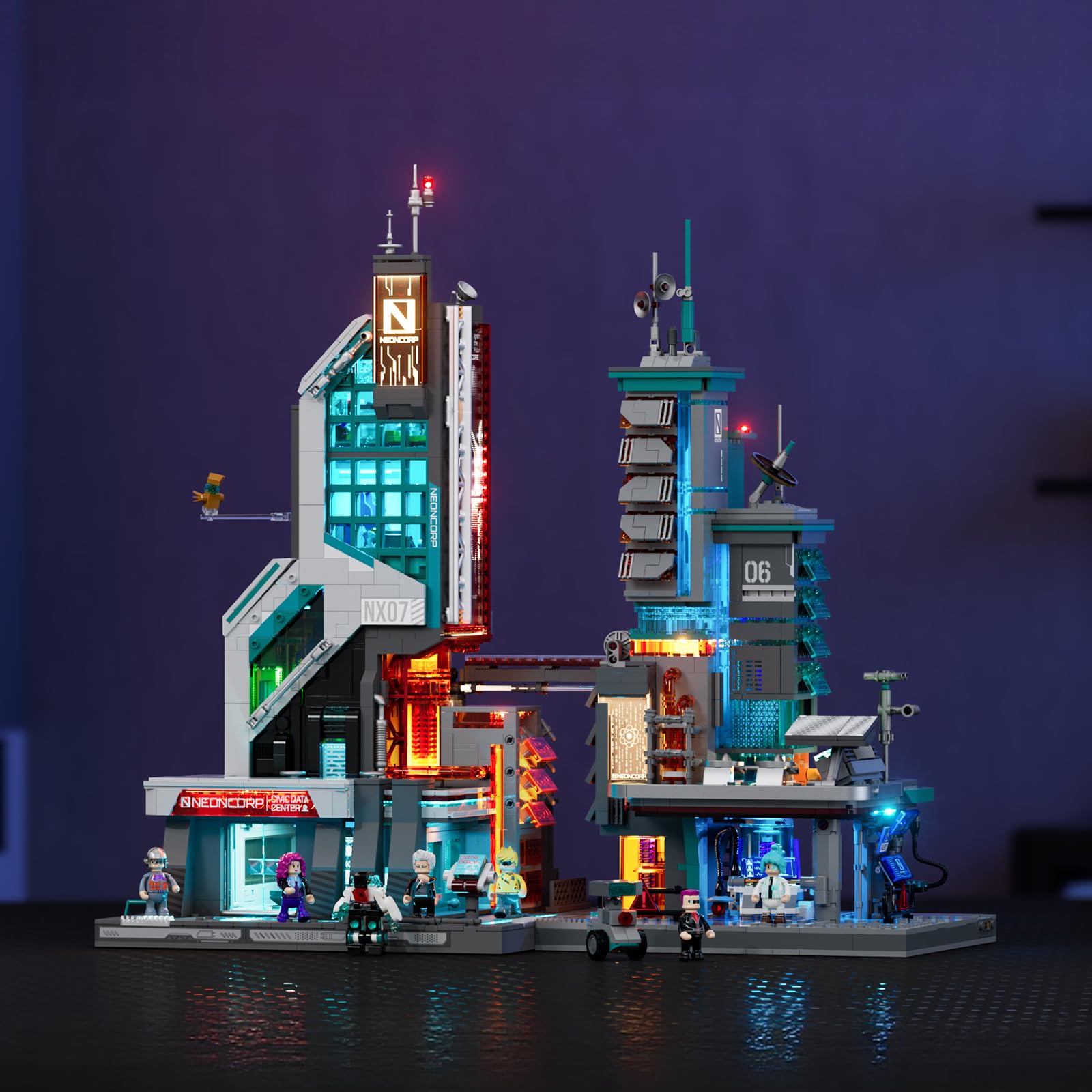 Lumibricks Neon Tech Tower Beleuchtetes Klemmbaustein-Set, 2227 Teile Cyberpunk-Wolkenkratzer mit 27 LED-Lichtern, Modulares Ausstellungsgebäude, Sci-Fi-Bauset für Erwachsene