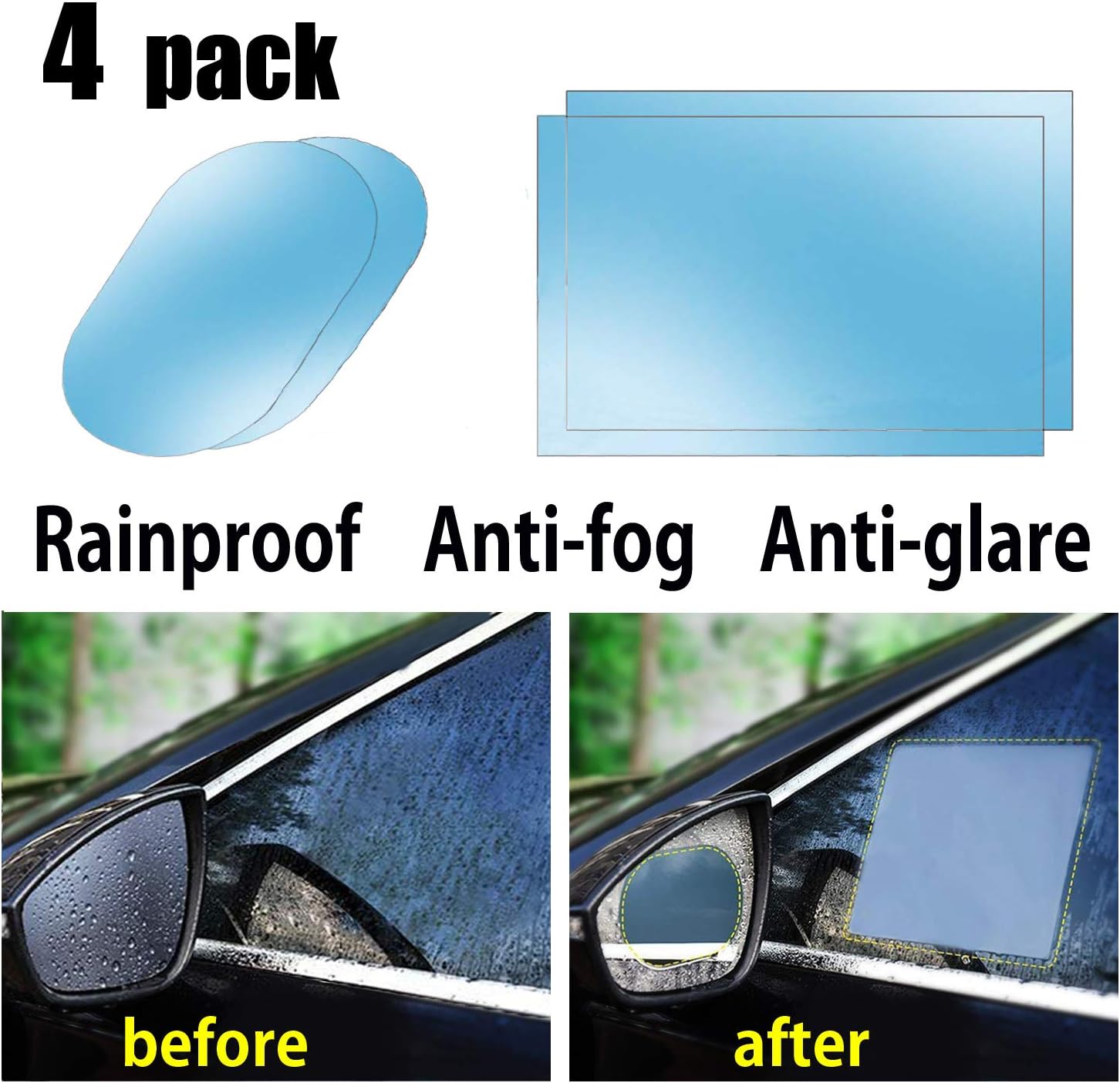 Car Rearview Mirror Waterproof Film Protector, Autolotus Anti-Fog Anti-Glare Rainproof Membrane for Automobile Rear View Mirror and Side Window, HD Nano Car Waterproof Membrane 4 Pcs（Oval+Rec）