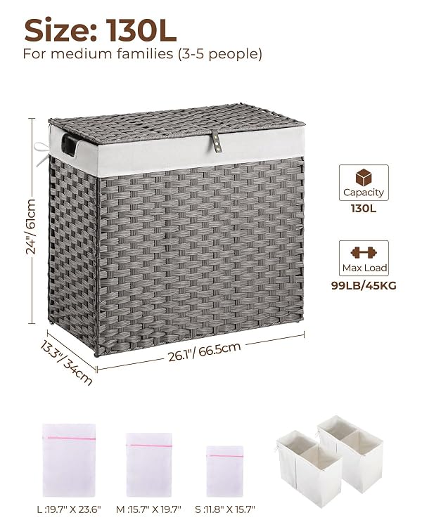 Greenstell Laundry Hamper with lid, No Install Needed, 130L Wicker Laundry Baskets Foldable 2 Removable Liner Bags, 2 Section Clothes Hamper Handwoven Rattan Laundry Basket with Handles, Gray by GREENSTELL - Image 6