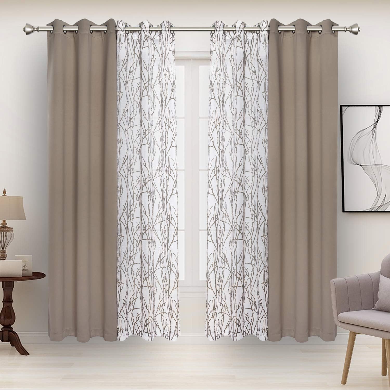 BONZER Mix and Match Curtains - 2 Pieces Branch Print Sheer Curtains and 2 Pieces Blackout Curtains for Bedroom Living Room Grommet Window Drapes, 37x63 Inch/Panel, Taupe, Set of 4 Panels Taupe 37"W x 63"L (Pack of 4)