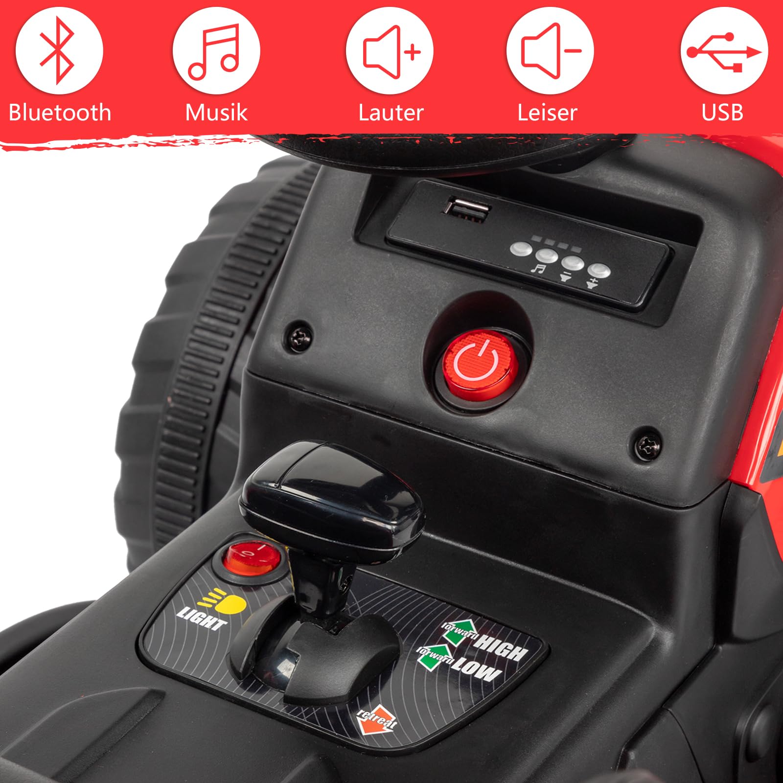 LALAHO Kinder Traktor mit abnehmbarem Anhänger LED Musik USB Hupe | Aufsitztraktor mit vielfältigen ofunktionen für Kleinkinder