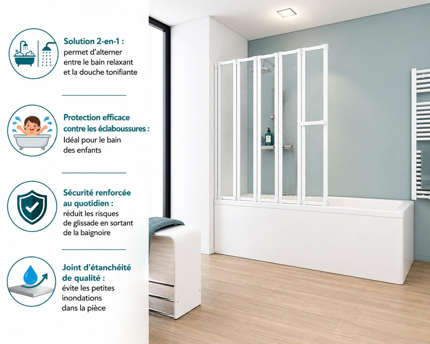 Schulte pare baignoire 115xh.140 blanc 5 volets 28+3x22+21, réversible | pivotant rabattable à 180° verre acrylique 3mm