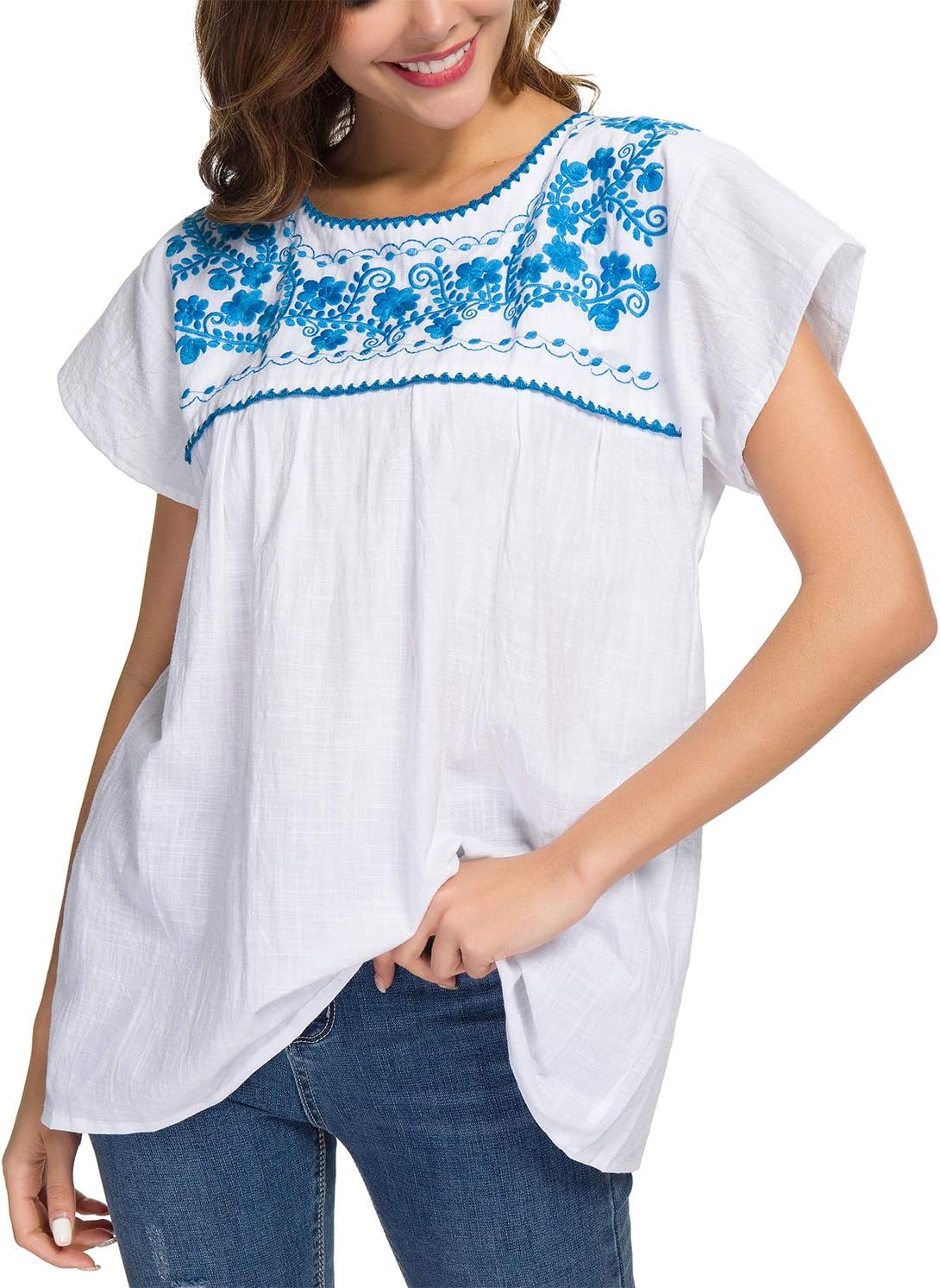 YZXDORWJ Women's Embroidered Mexican Peasant Blouse Mexico Summer Shirt Short Sleeve