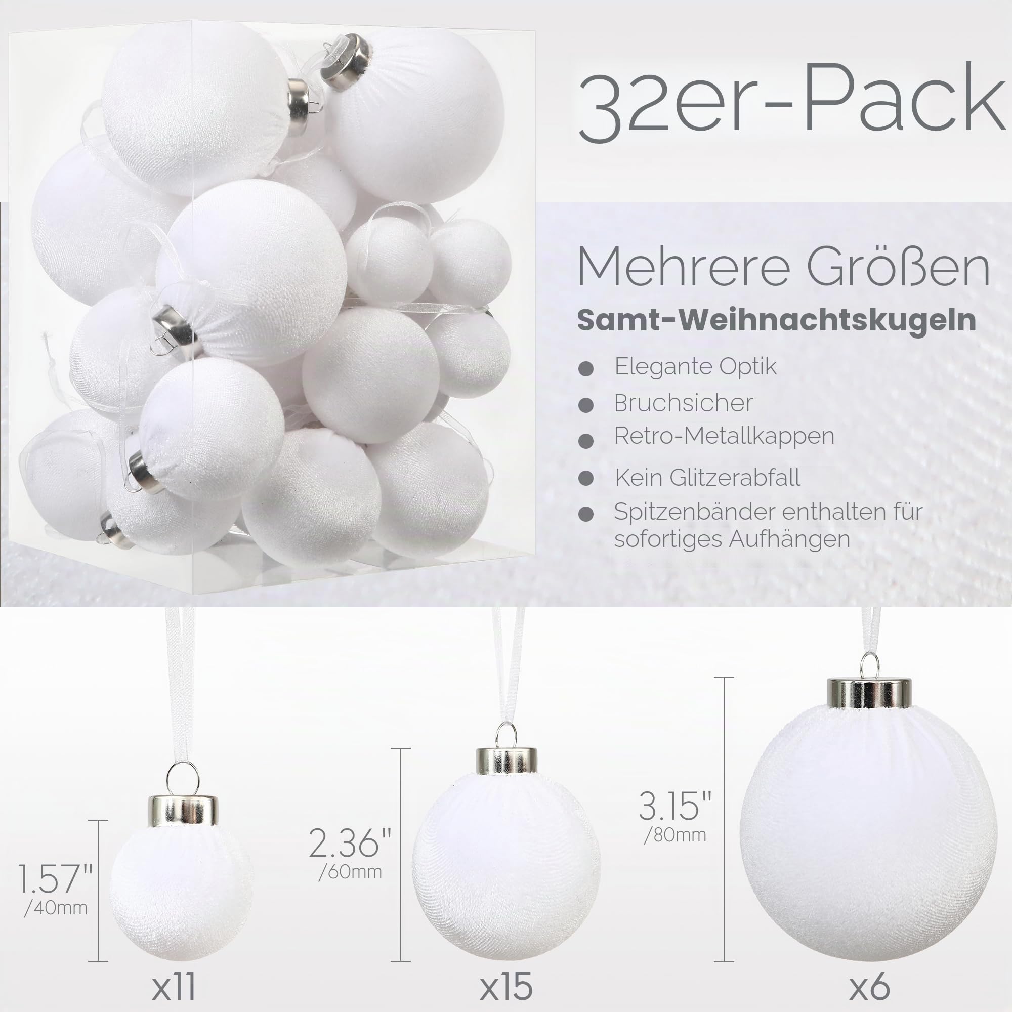 Sea Team 32er-Set beflockte Samt Weihnachtskugeln Verschiedene Größen weiß