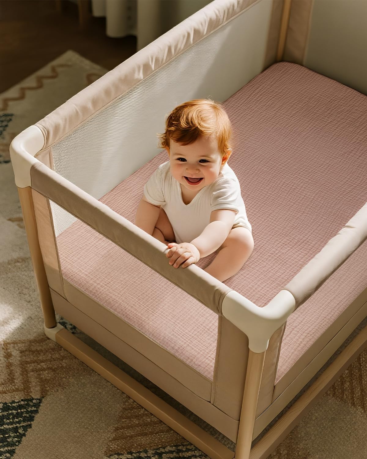 Unnivoll Muslin Pack and Play Sheets Fitted, 100% Cotton Mini Crib Sheets 2 Pack for Pack N Play Mattress, Stretchy Playard Sheet, Soft and Breathable Gradient Pink