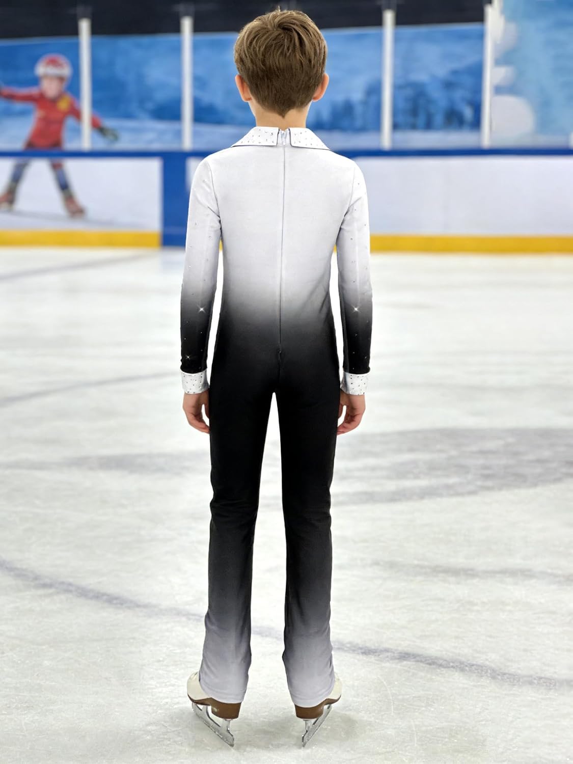 Boys Sparkle Gradient Figure Skating Jumpsuit Long Sleeve Collared Back Zip Gymnastics Lyrical Dance Leotards