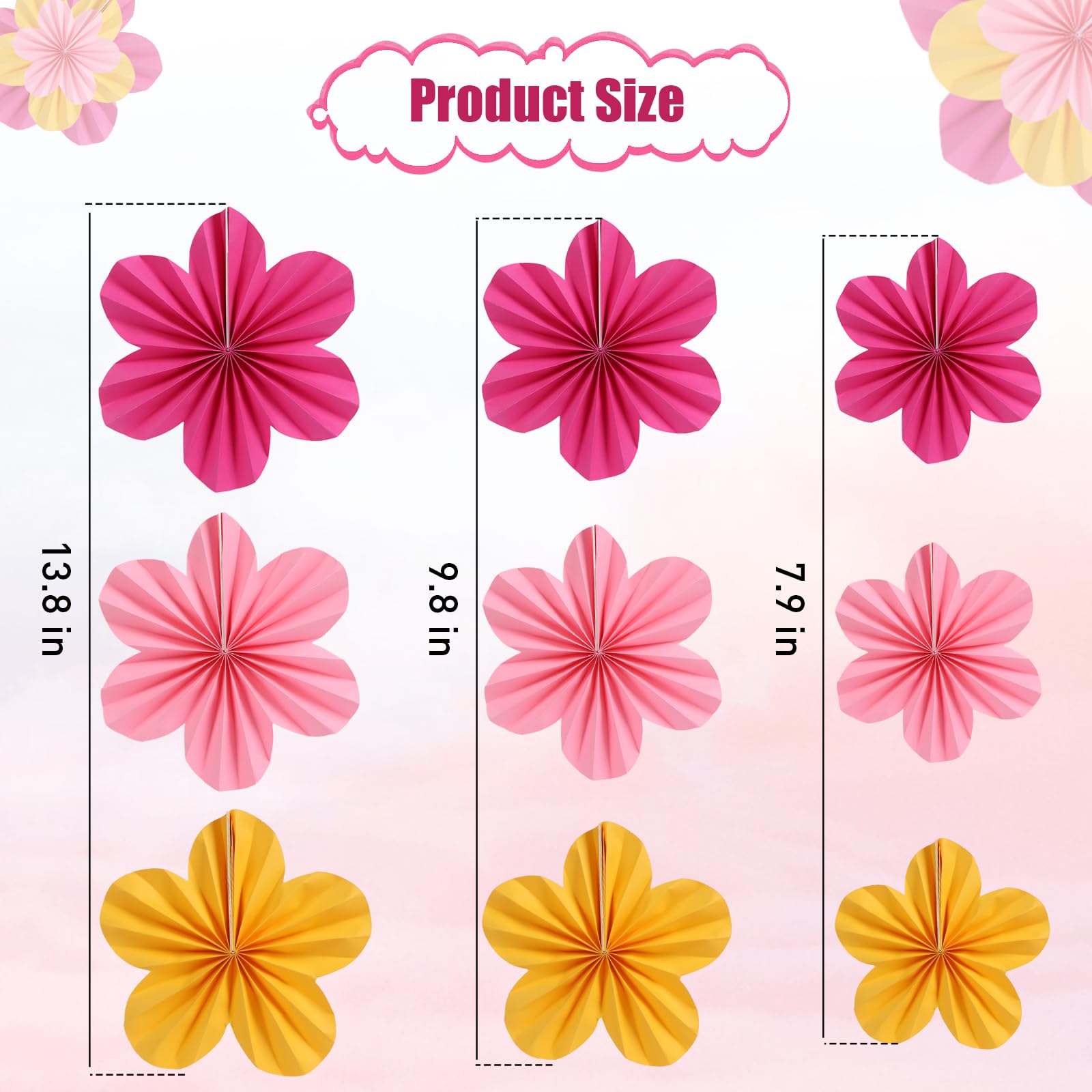 Ventagli Di Carta Decorazione Parete Zercart - Fiori Rosa 3D Per Feste, 9 Pezzi Di Diverse Dimensioni Con Corda E Graffette