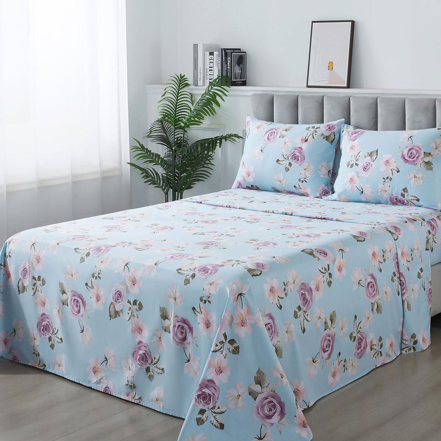 Amazon.com: FADFAY King Sheets Set Percale Cotton Pink Floral Bed ...