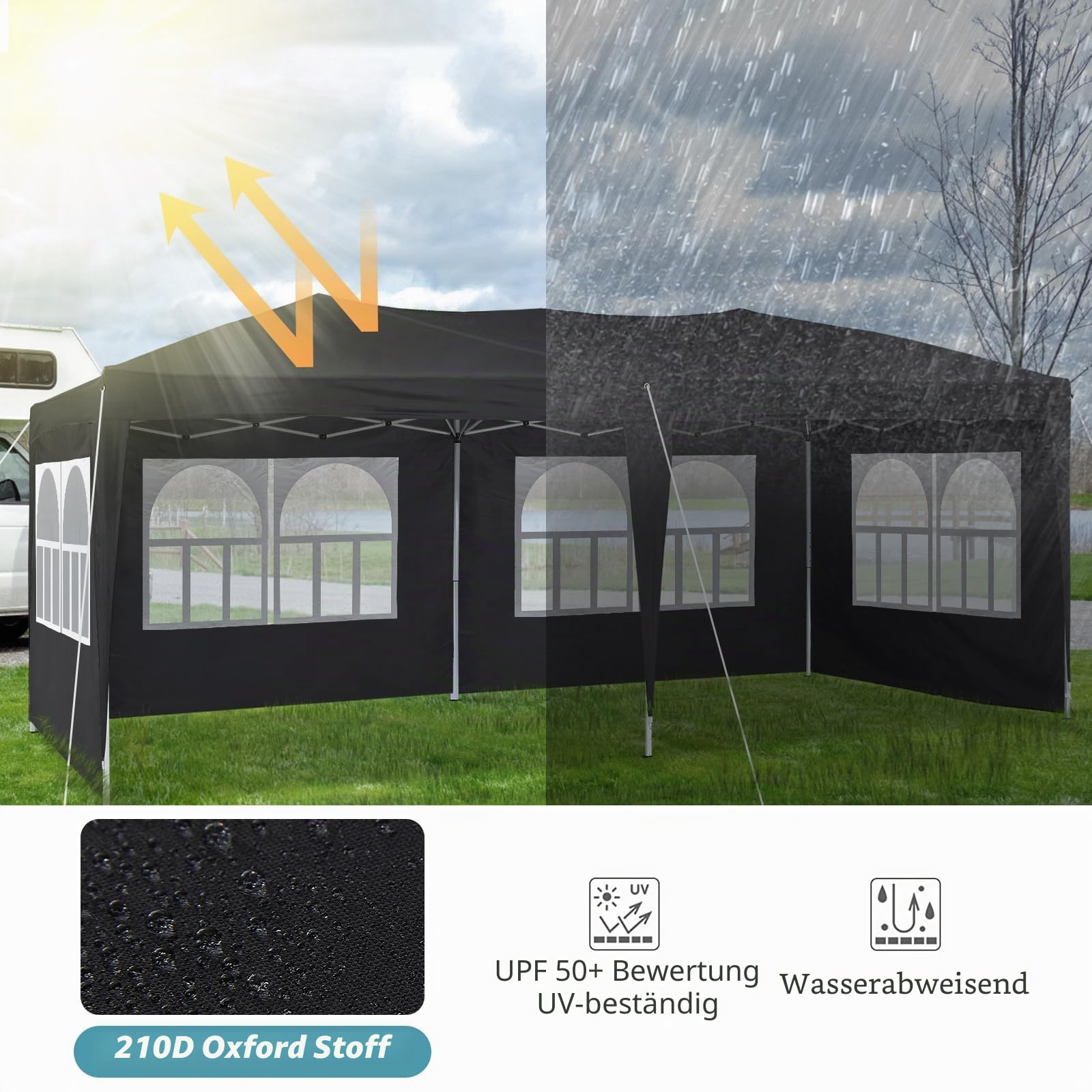 CLIPOP Pavillon 3x6 Faltpavillon, Wasserdicht Stabil mit 6 Seitenteilen, Gartenlauben Partyzelt mit UV-Schutz, Gartenpavillon für Hochzeiten Pavillon für Garten, Party, Festival (Schwarz)