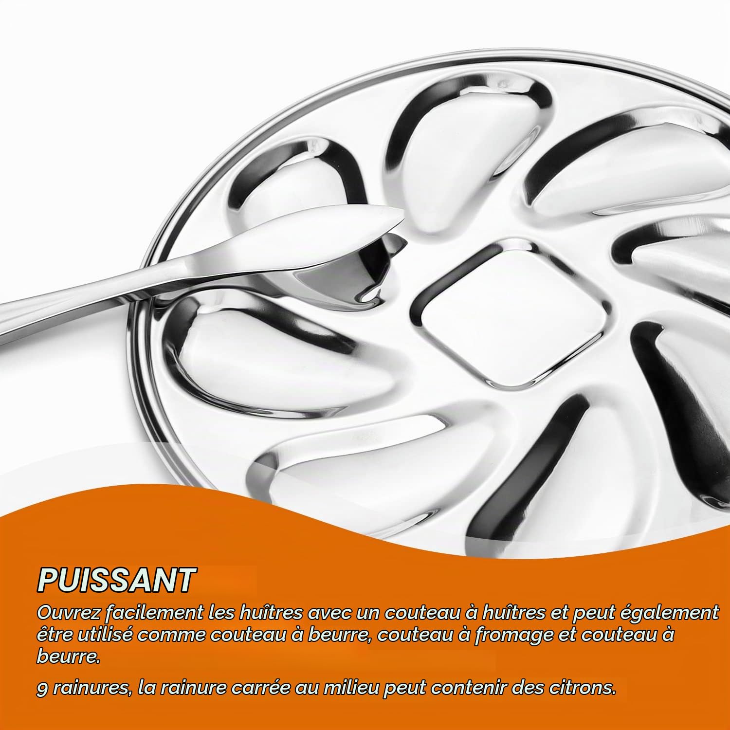 Assiette a Huitre, Conteneur Huîtres Acier Inoxydable, avec Couteau à Huîtres et 9 Emplacements, Plateau a Huitre pour Placer Huîtres, Pétoncles, Coques, Citron, Sauce Soja