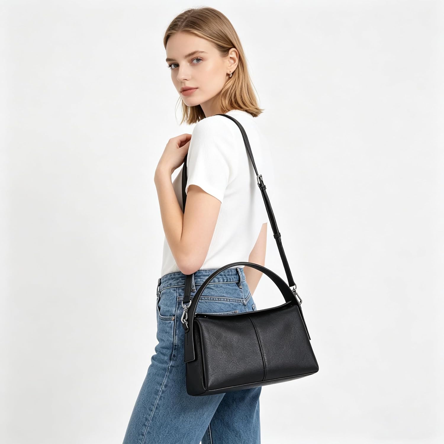 Classic BrownLeather Shoulder Bag, Large Curved Handle Hobo Purse, Textured Pebble Grain, Women's Fashion Handbag