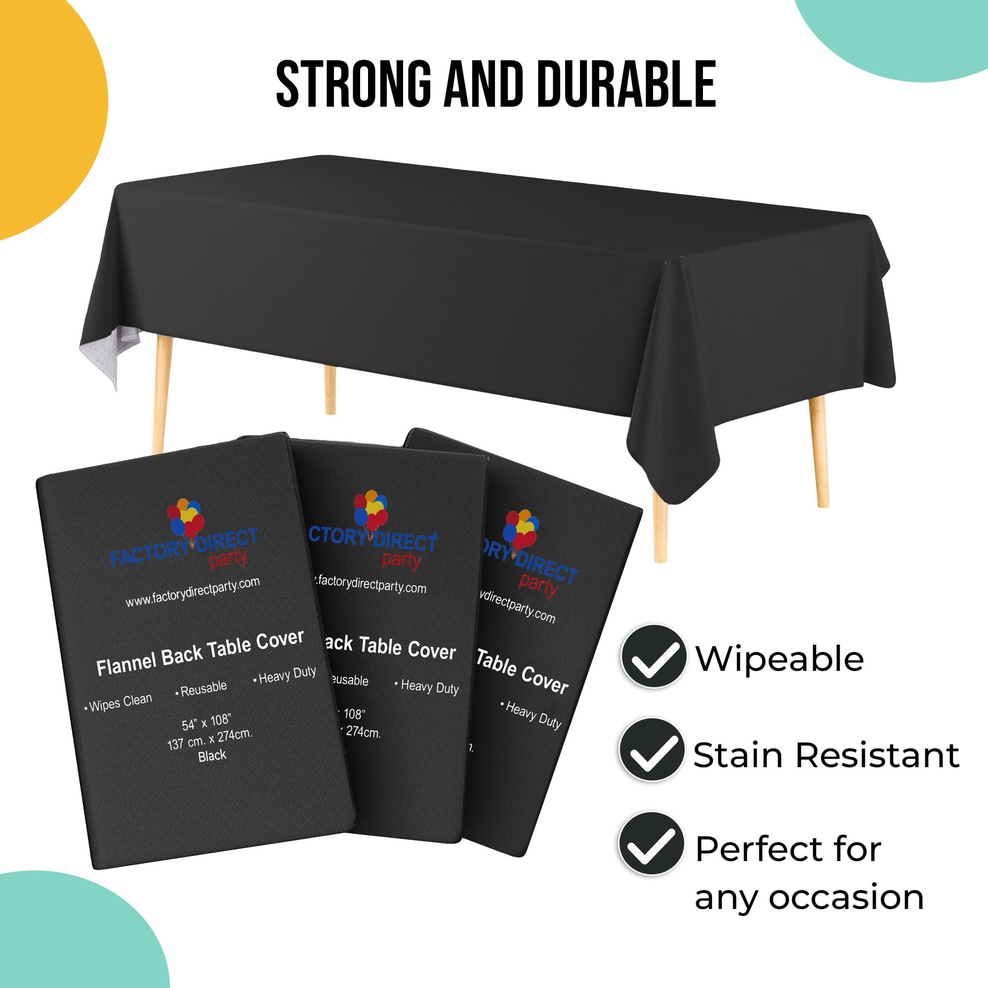 Exquisite Mantel de Vinilo Negro – 137 x 274 cm – Pack de 3, Mantel Rectangular con Parte Posterior de Franela, plástico, Reutilizable e Impermeable